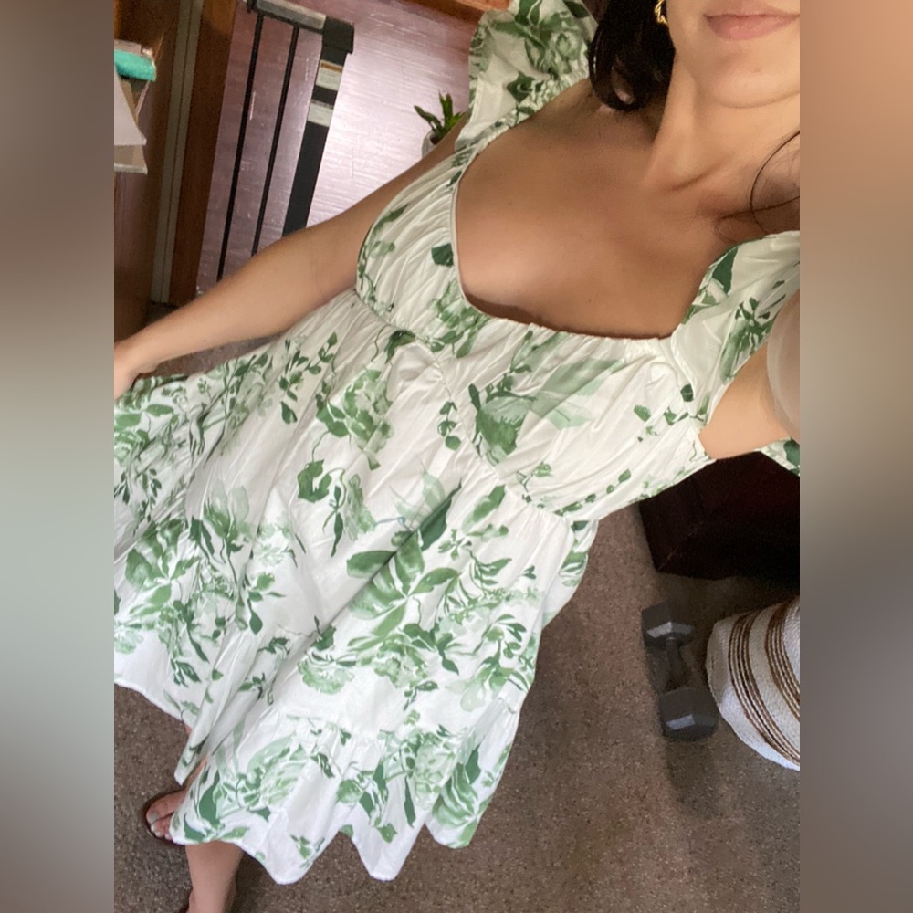 Abercrombie & Fitch White and Green Puff Sleeve Mini Dress